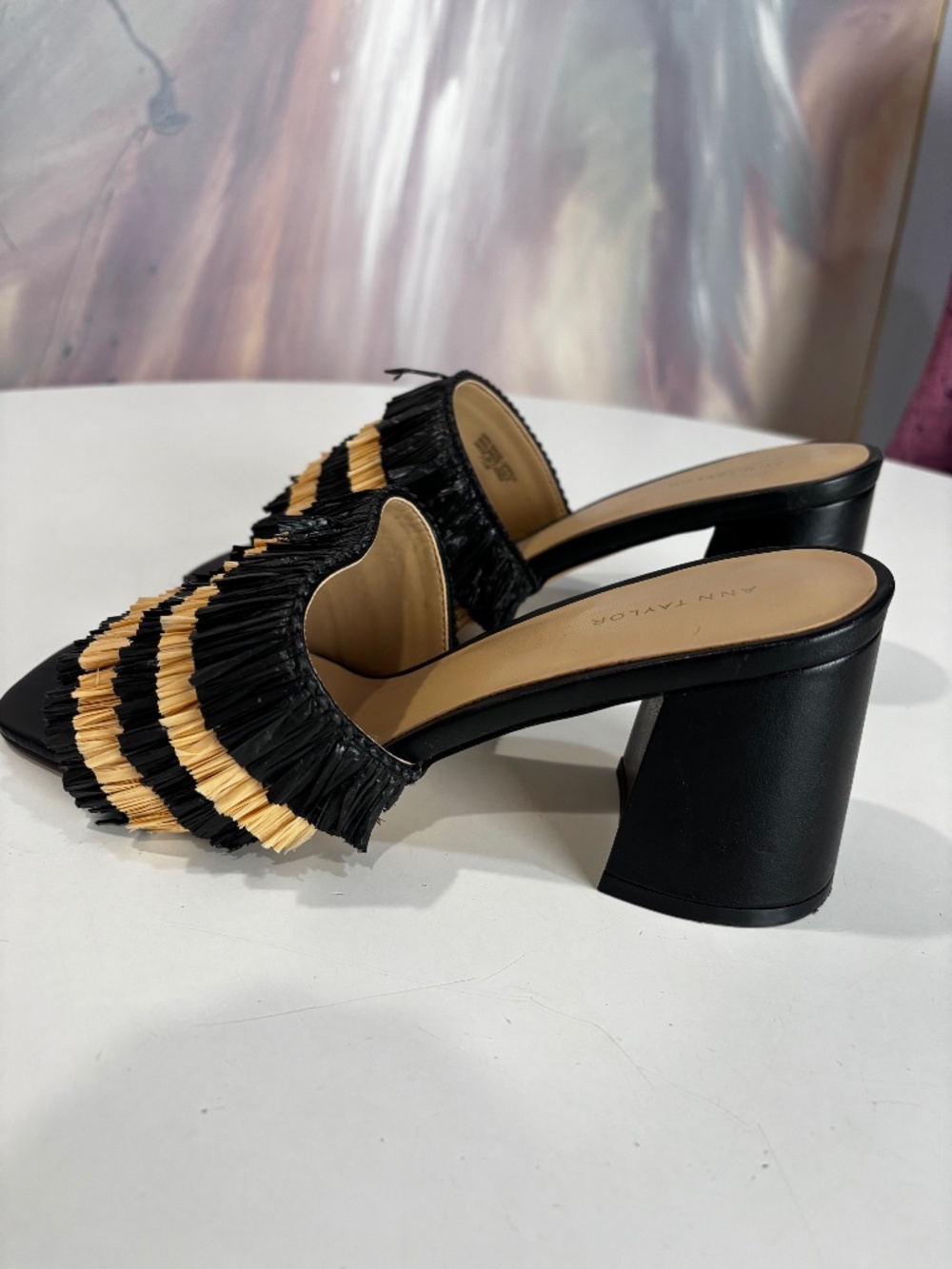 Ann Taylor Fringe Straw High Block Heel Sandals